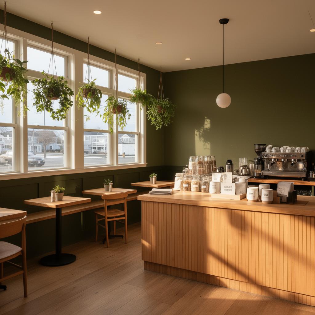 Inside Brody's Cafe with olive walls and hanging plants